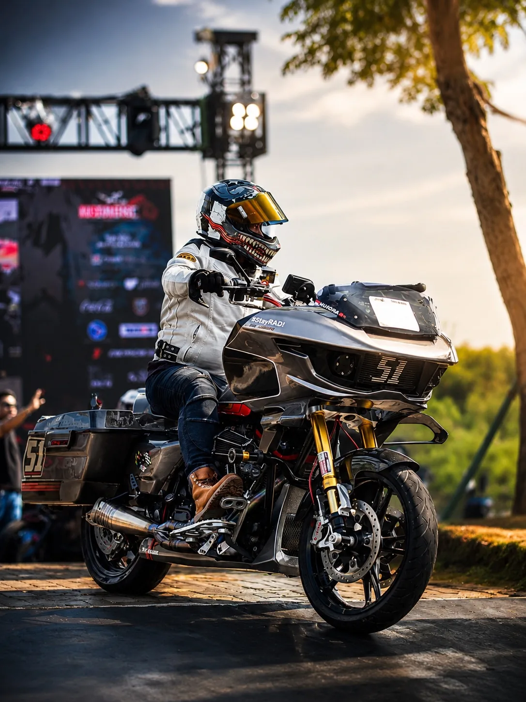 Rider on a performance bagger at an event